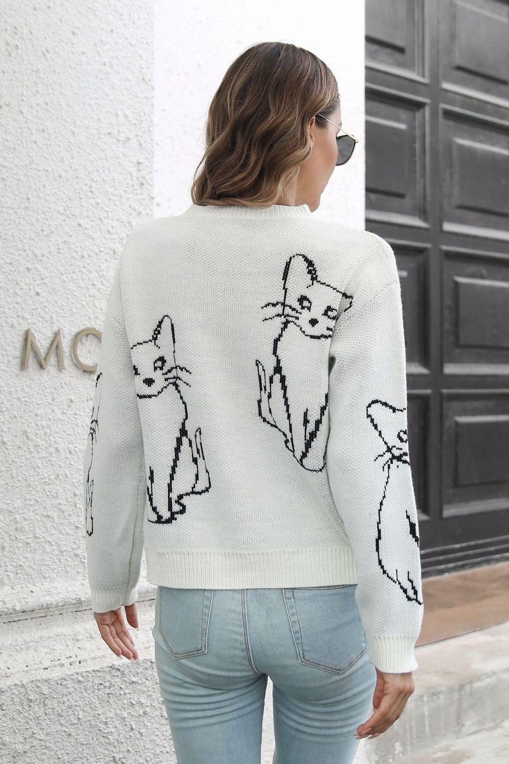 Cat Pattern Round Neck Long Sleeve Pullover Sweater BLUE ZONE PLANET