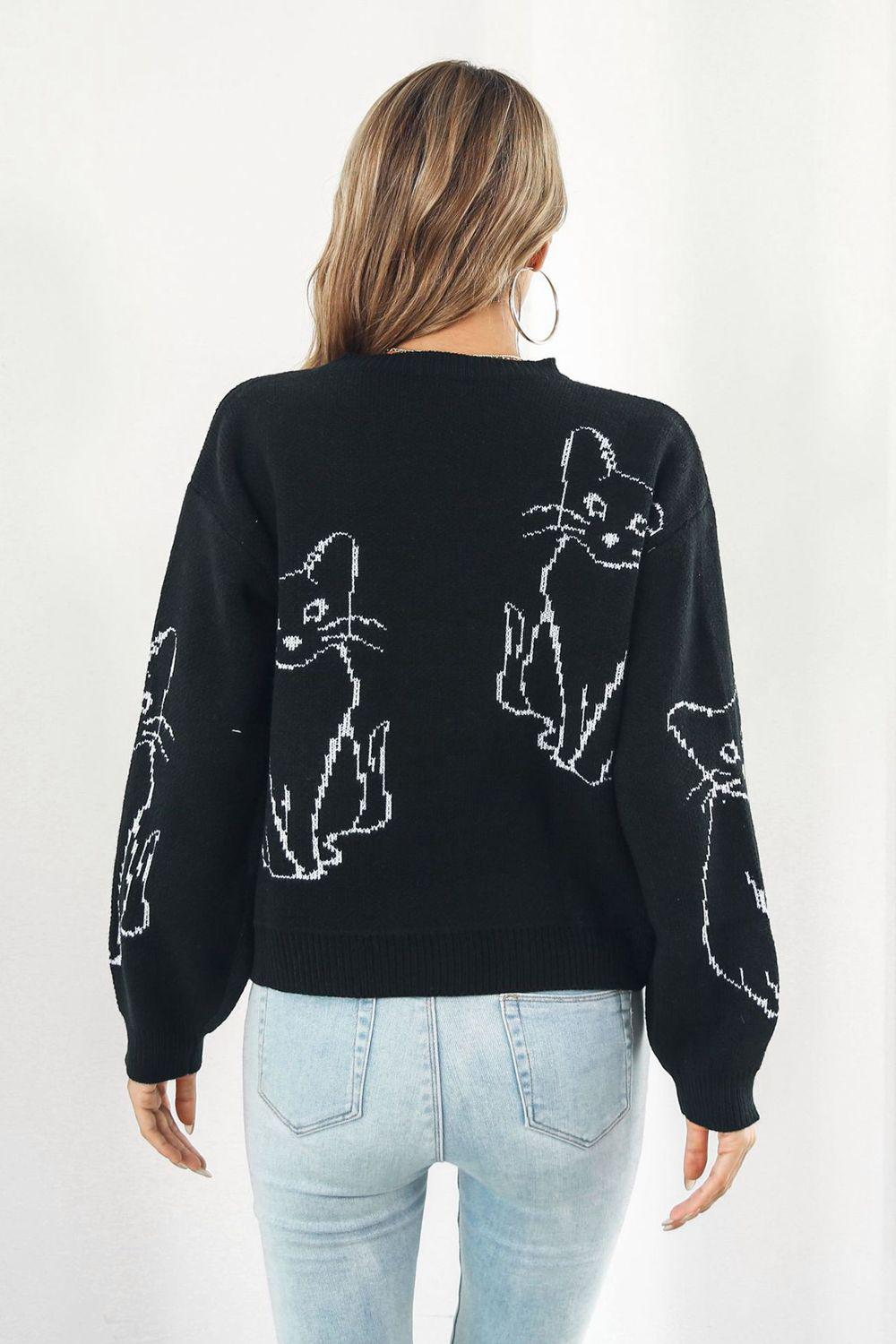 Cat Pattern Round Neck Long Sleeve Pullover Sweater BLUE ZONE PLANET