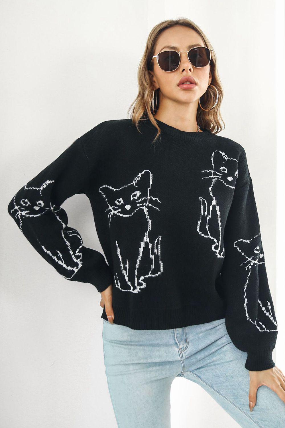 Cat Pattern Round Neck Long Sleeve Pullover Sweater BLUE ZONE PLANET