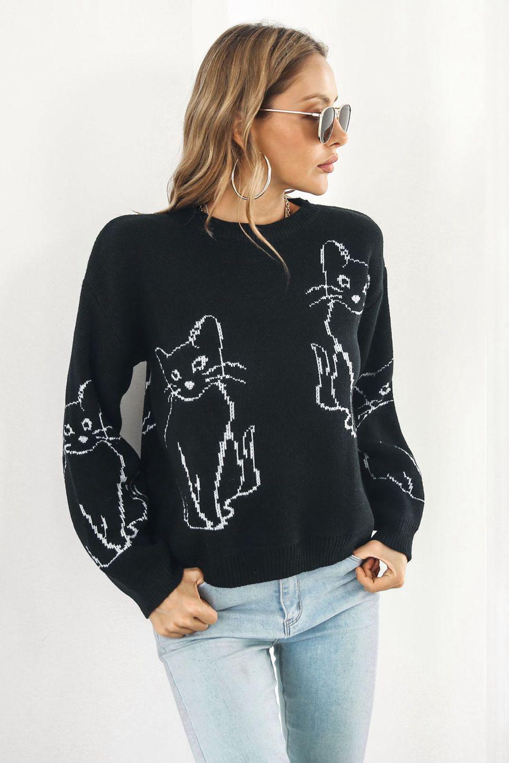 Cat Pattern Round Neck Long Sleeve Pullover Sweater BLUE ZONE PLANET