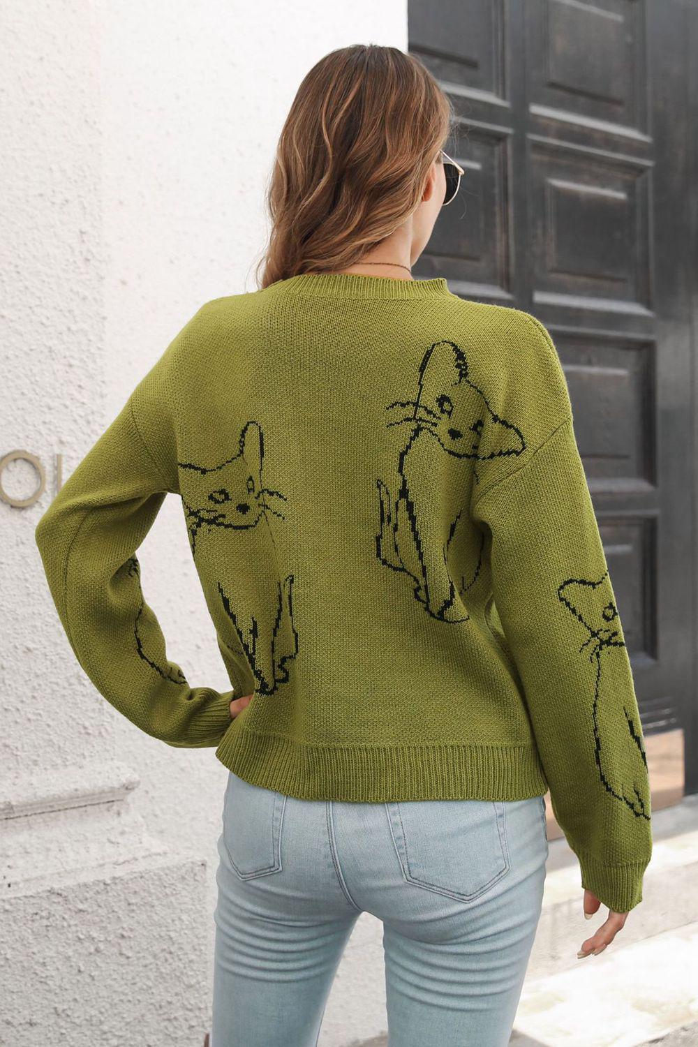 Cat Pattern Round Neck Long Sleeve Pullover Sweater BLUE ZONE PLANET