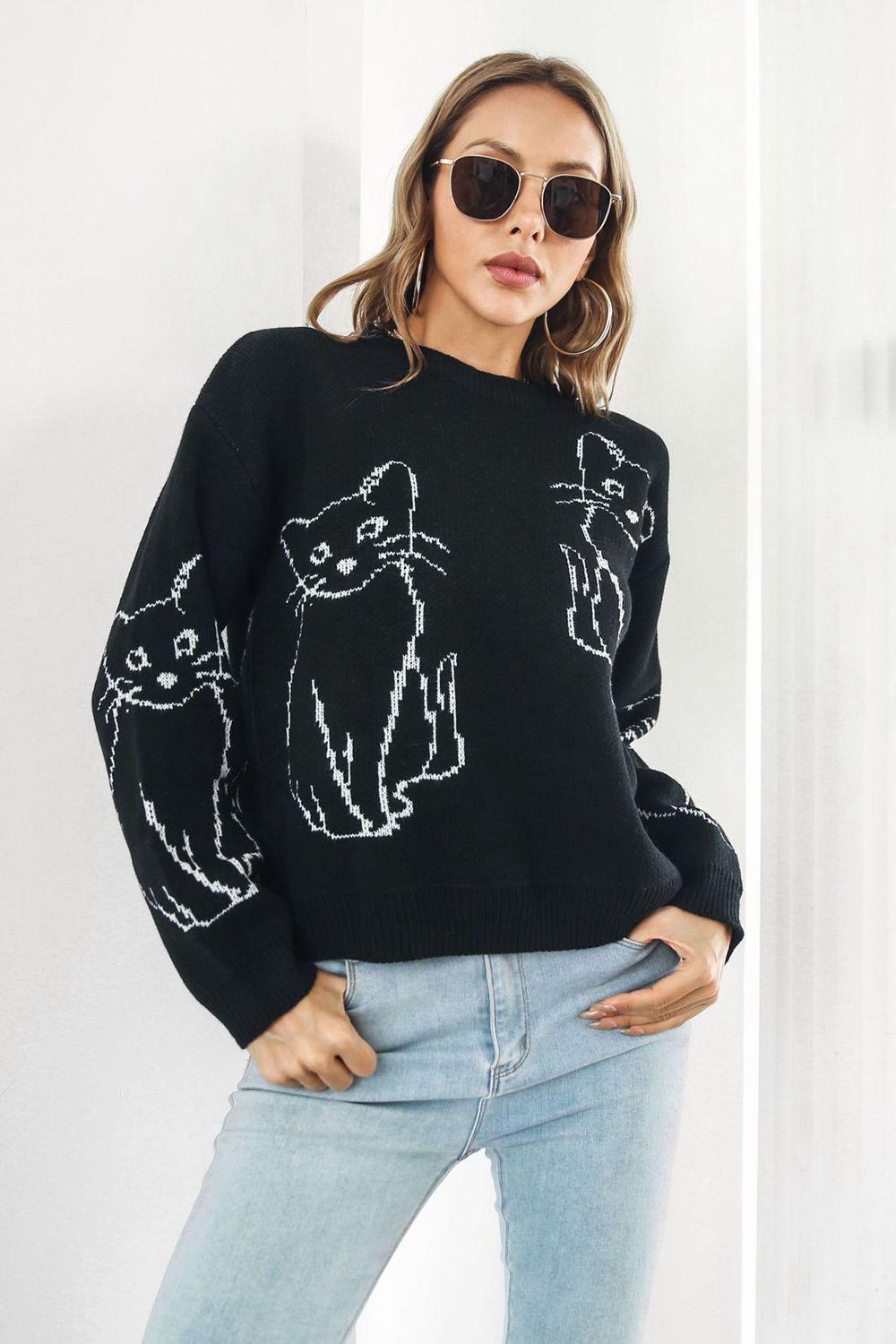 Cat Pattern Round Neck Long Sleeve Pullover Sweater BLUE ZONE PLANET