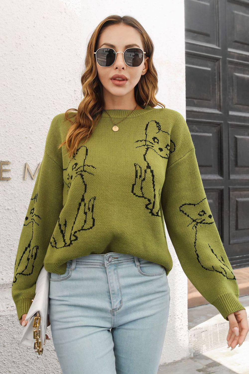 Cat Pattern Round Neck Long Sleeve Pullover Sweater BLUE ZONE PLANET