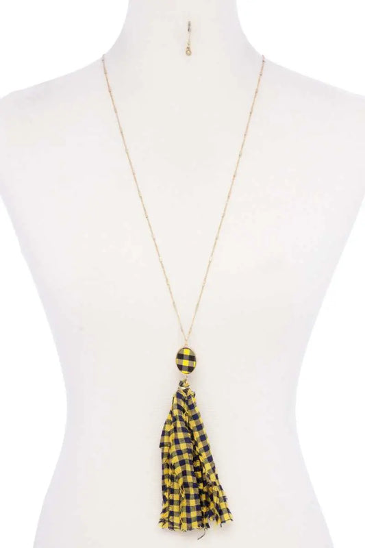 Checkered Pattern Fabric Tassel Necklace Blue Zone Planet