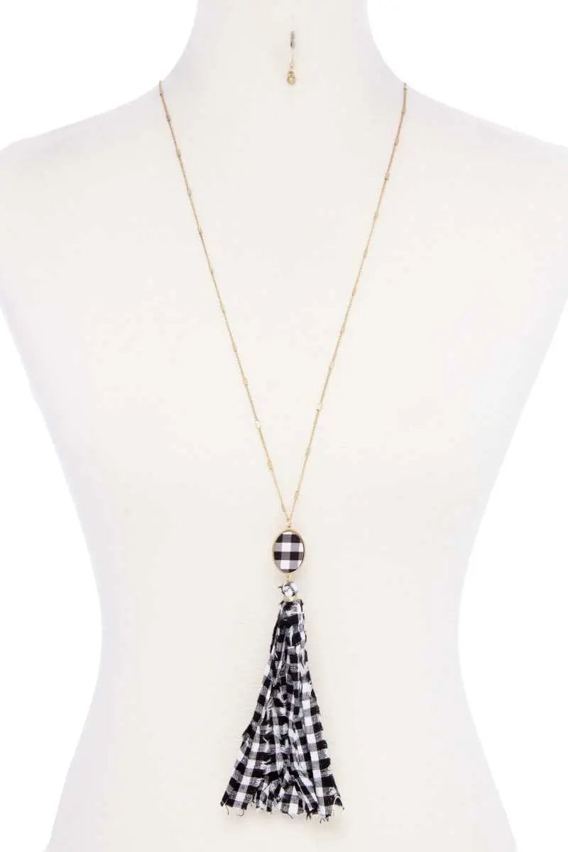 Checkered Pattern Fabric Tassel Necklace Blue Zone Planet