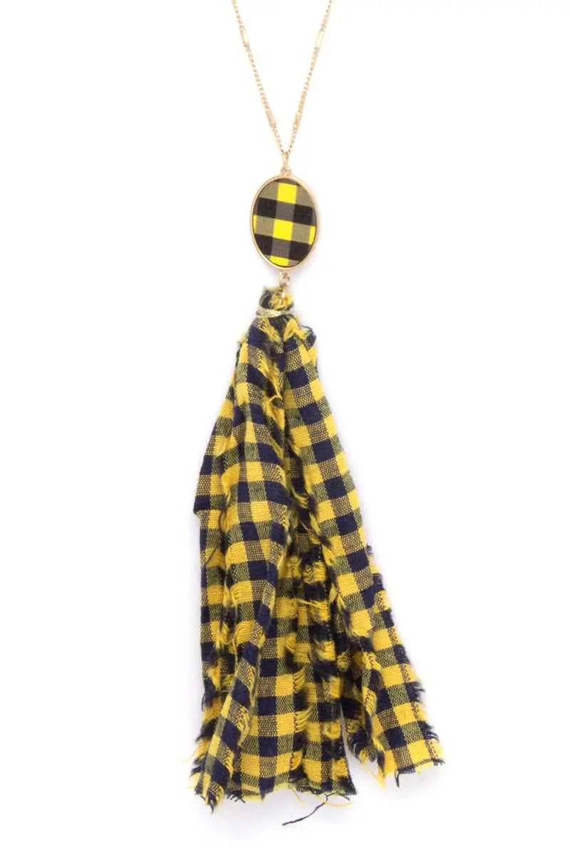 Checkered Pattern Fabric Tassel Necklace Blue Zone Planet