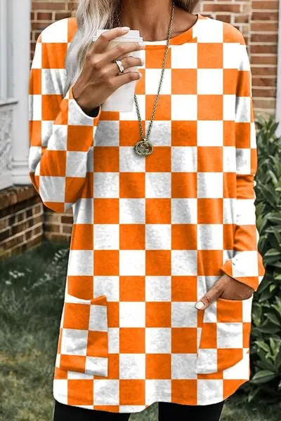 Checkered Round Neck Long Sleeve T-Shirt with Pockets BLUE ZONE PLANET