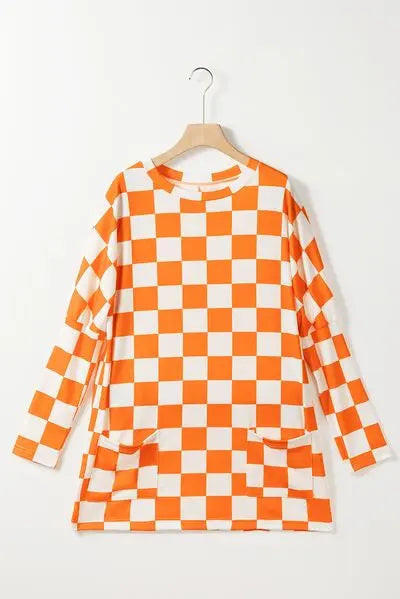 Checkered Round Neck Long Sleeve T-Shirt with Pockets BLUE ZONE PLANET