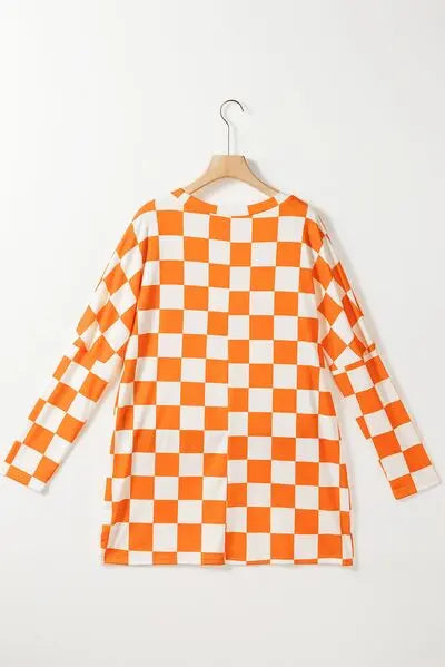 Checkered Round Neck Long Sleeve T-Shirt with Pockets BLUE ZONE PLANET
