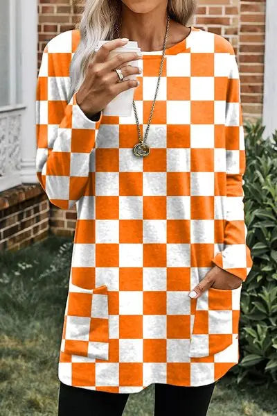 Checkered Round Neck Long Sleeve T-Shirt with Pockets BLUE ZONE PLANET
