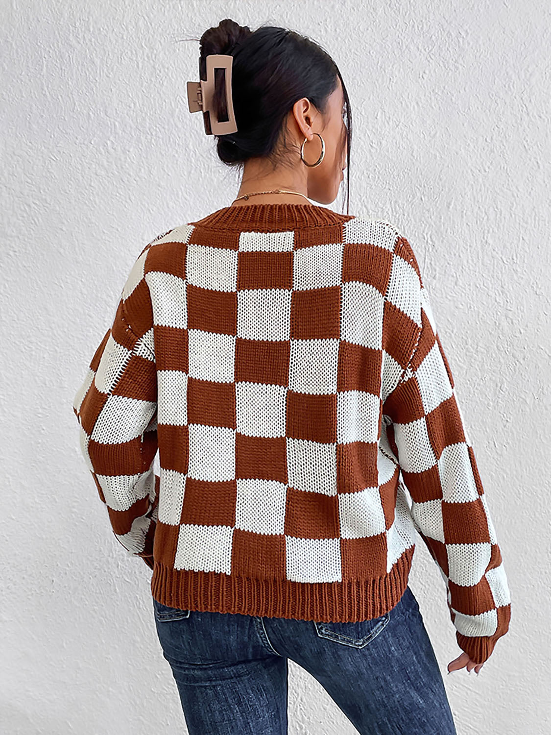 Checkered Round Neck Sweater BLUE ZONE PLANET