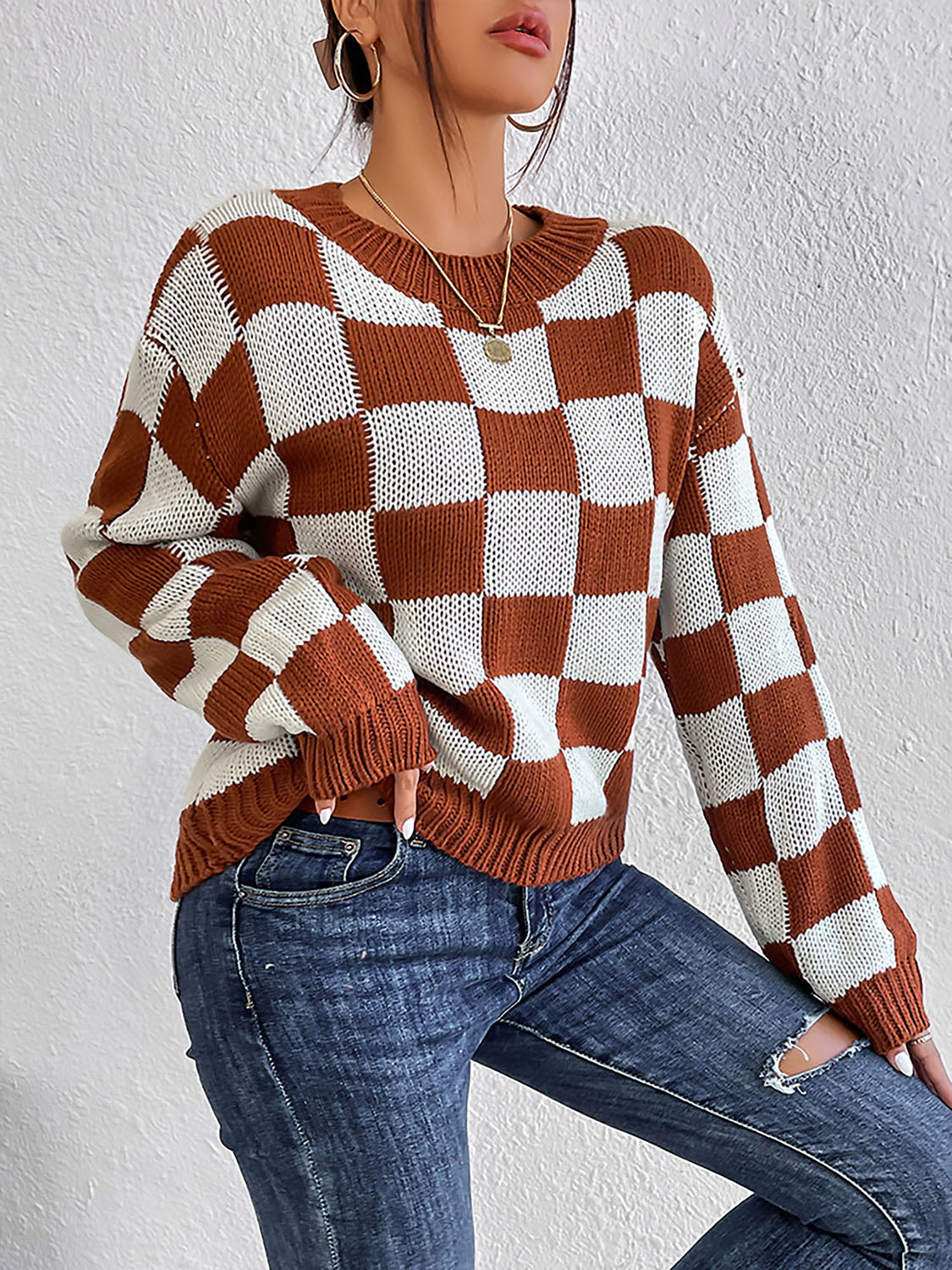 Checkered Round Neck Sweater BLUE ZONE PLANET