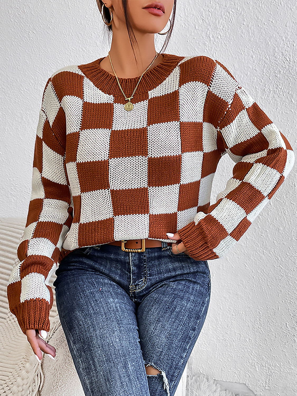 Checkered Round Neck Sweater BLUE ZONE PLANET