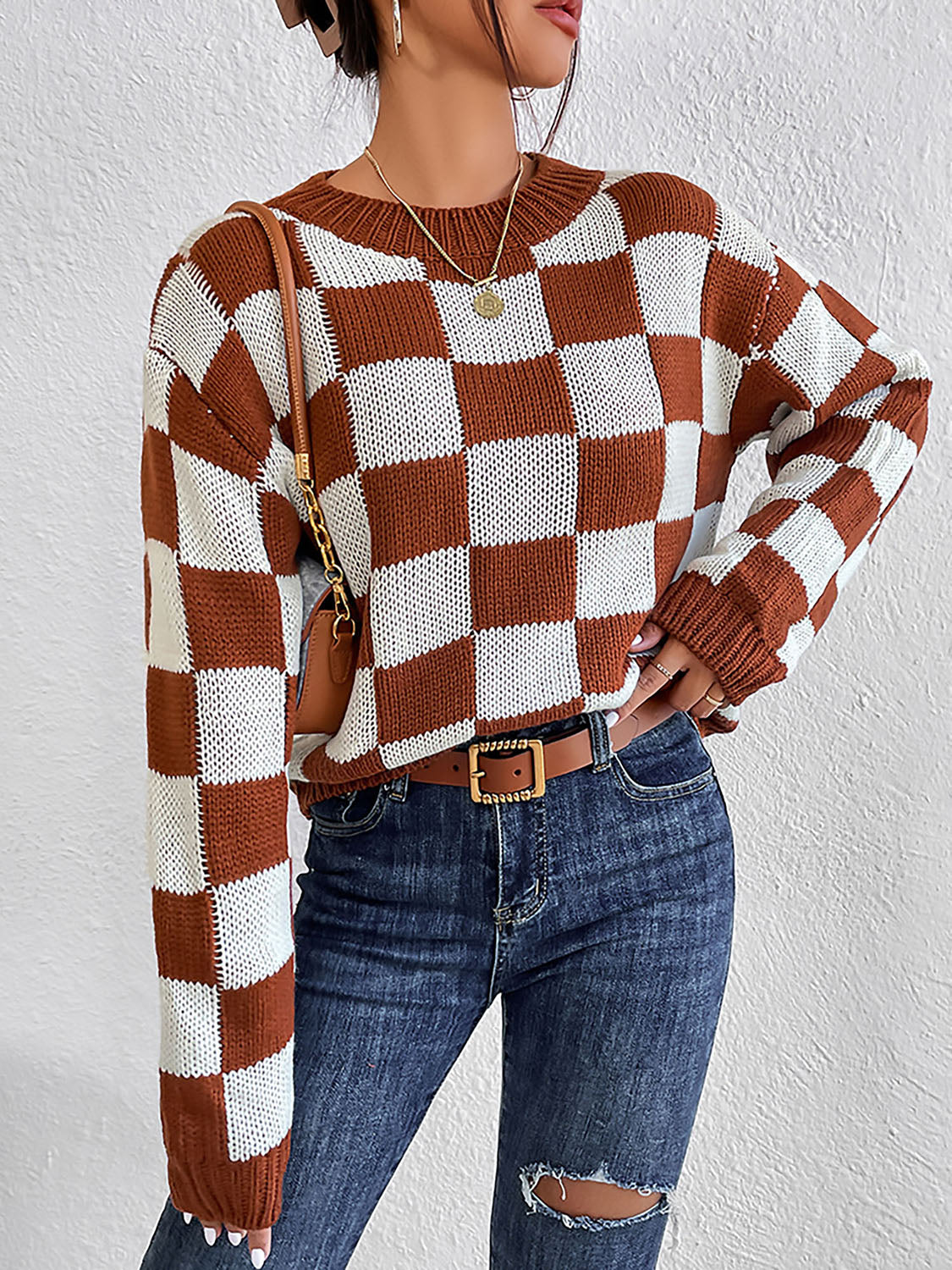Checkered Round Neck Sweater BLUE ZONE PLANET
