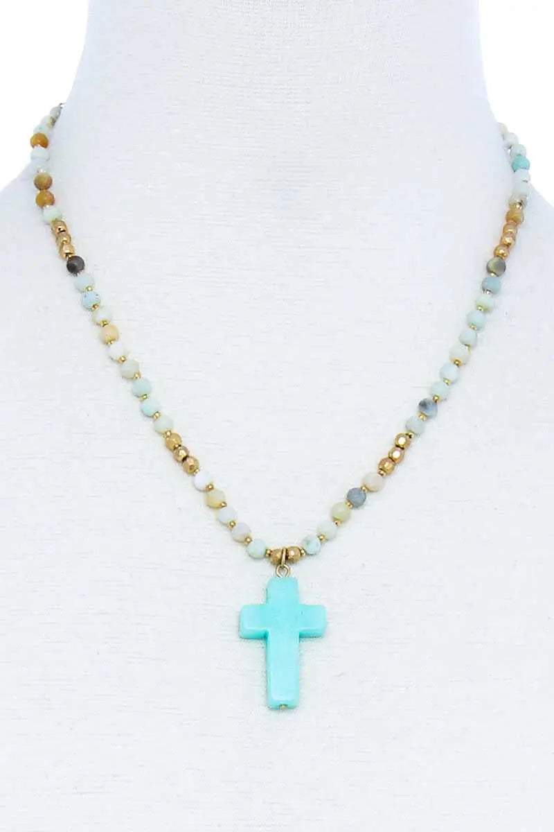 Chic Beaded And Cross Pendant Necklace Blue Zone Planet