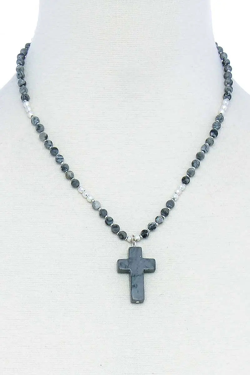 Chic Beaded And Cross Pendant Necklace Blue Zone Planet