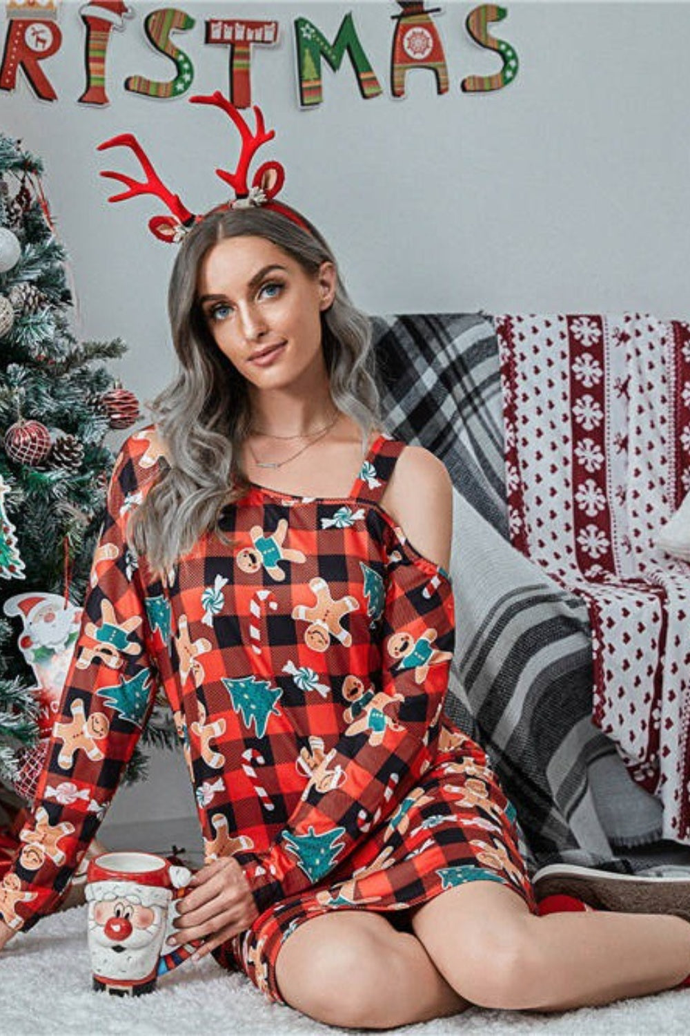 Christmas Asymmetrical Neck Long Sleeve Dress BLUE ZONE PLANET