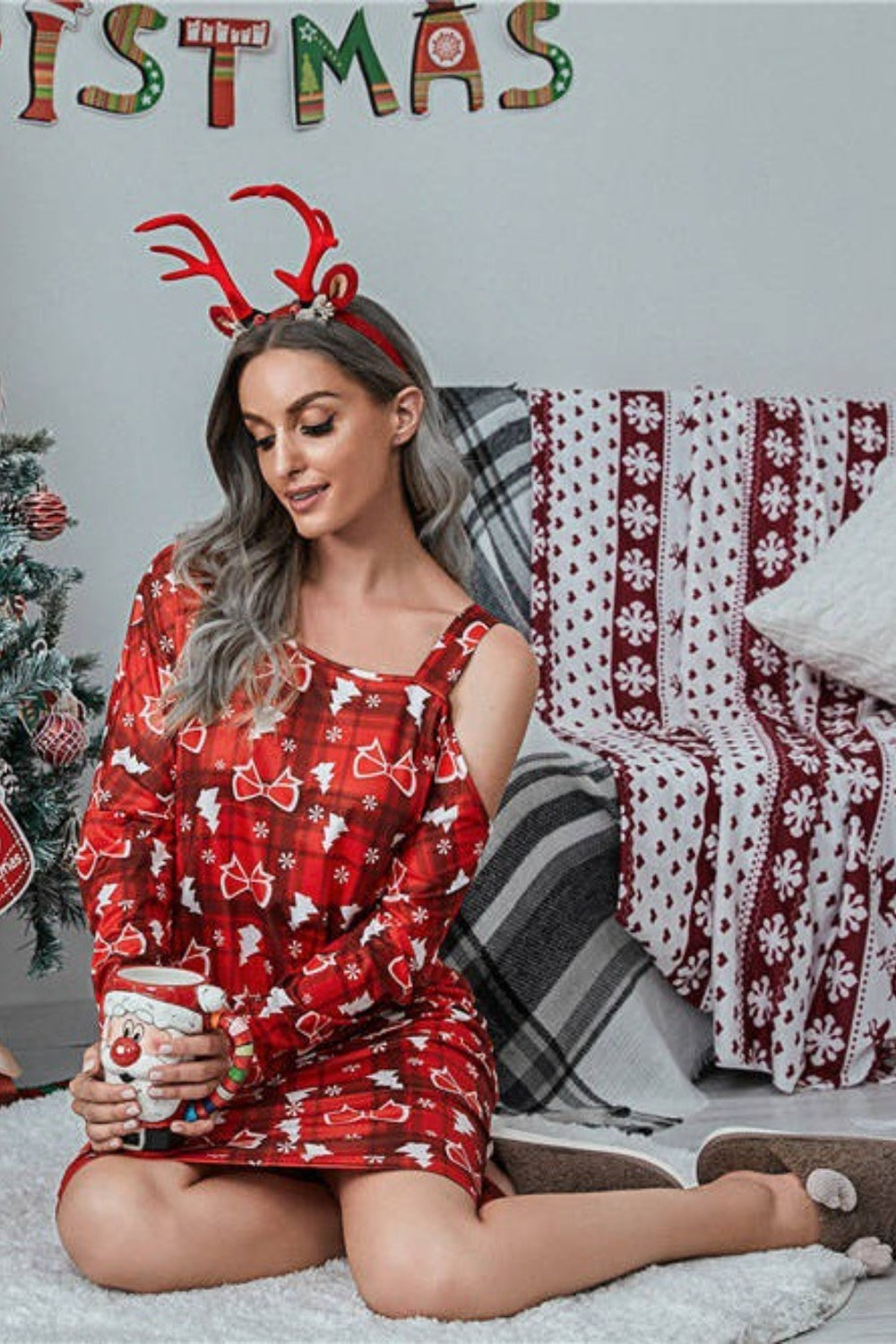 Christmas Asymmetrical Neck Long Sleeve Dress BLUE ZONE PLANET