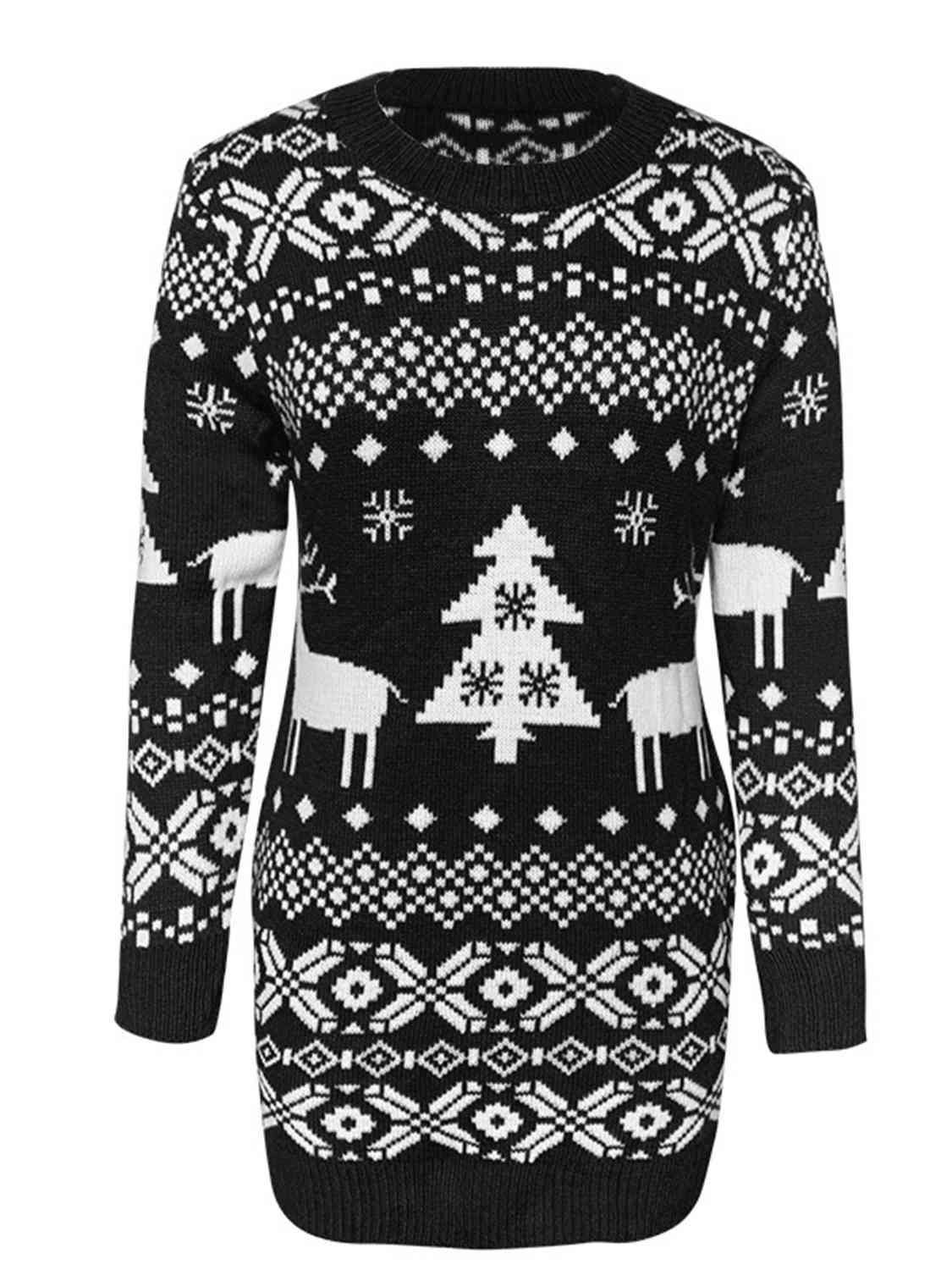 Christmas Element Round Neck Mini Sweater Dress BLUE ZONE PLANET