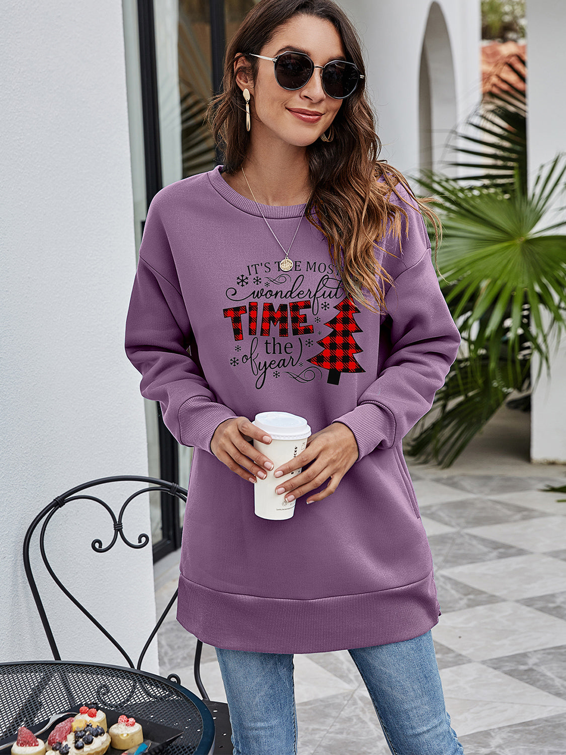 Christmas Tree Graphic Drop Shoulder Sweatshirt BLUE ZONE PLANET