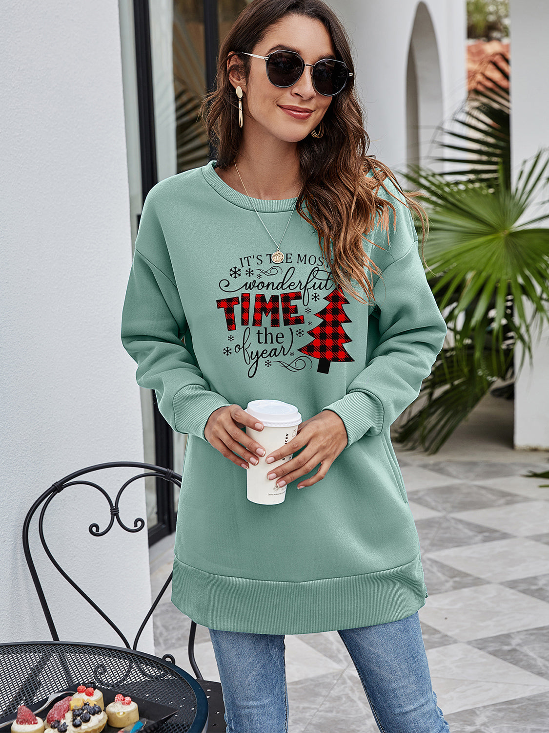 Christmas Tree Graphic Drop Shoulder Sweatshirt BLUE ZONE PLANET