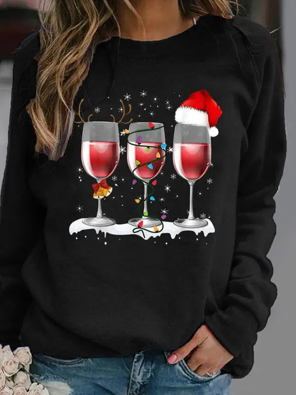 Christmas red wine cup printed long sleeved round neck hoodless sweater women kakaclo