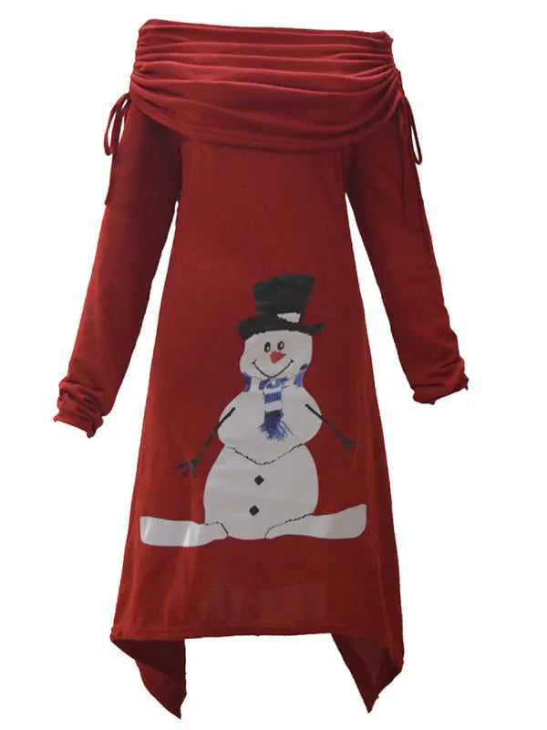 Christmas women's snowman print pleated collar irregular drawstring dress kakaclo