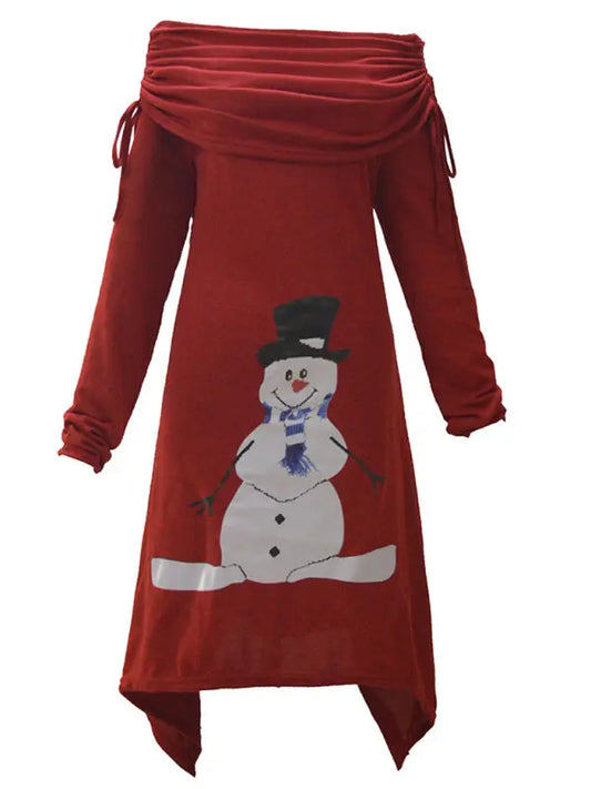 Christmas women's snowman print pleated collar irregular drawstring dress kakaclo