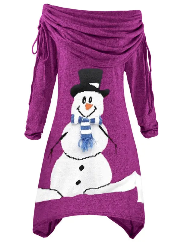 Christmas women's snowman print pleated collar irregular drawstring dress kakaclo