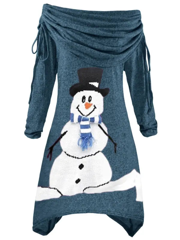 Christmas women's snowman print pleated collar irregular drawstring dress kakaclo