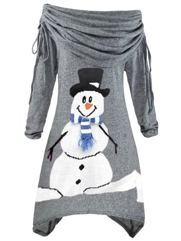 Christmas women's snowman print pleated collar irregular drawstring dress kakaclo