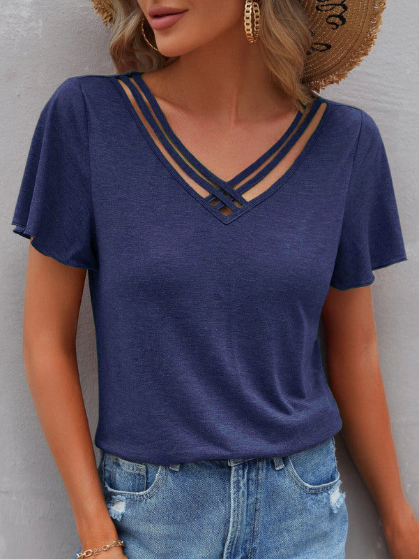 Blue Zone Planet | Solid Color Ruffle Sleeve Short Sleeve Top T-Shirt BLUE ZONE PLANET