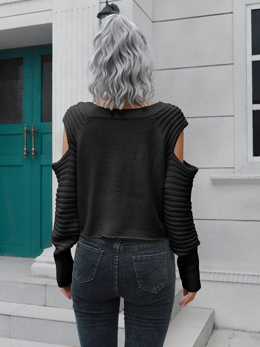 Cold-Shoulder Ribbed Trim Sweater BLUE ZONE PLANET