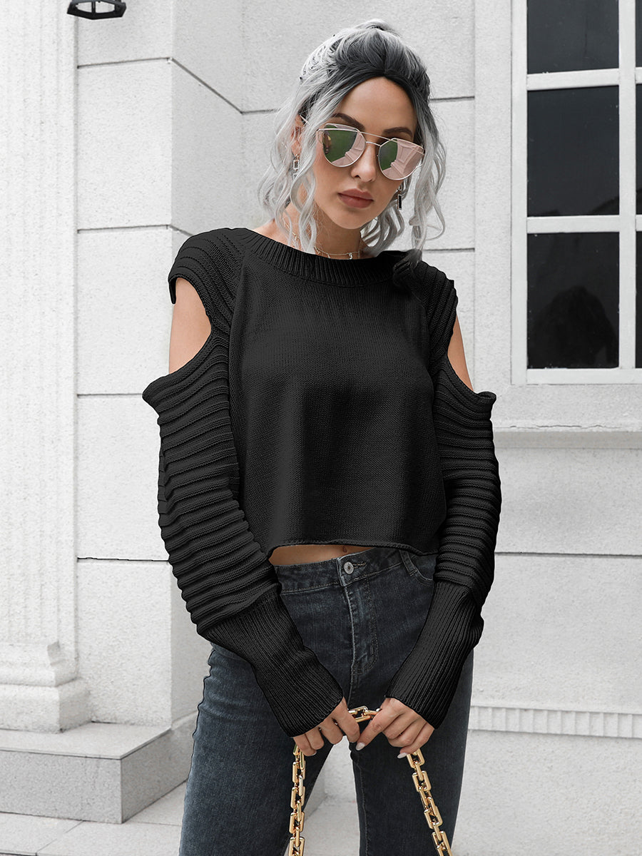 Cold-Shoulder Ribbed Trim Sweater BLUE ZONE PLANET