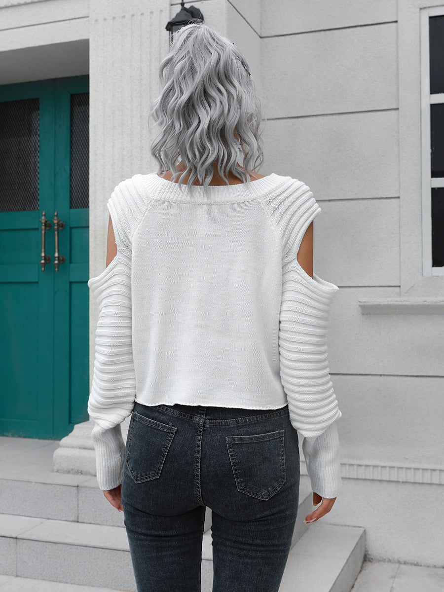 Cold-Shoulder Ribbed Trim Sweater BLUE ZONE PLANET