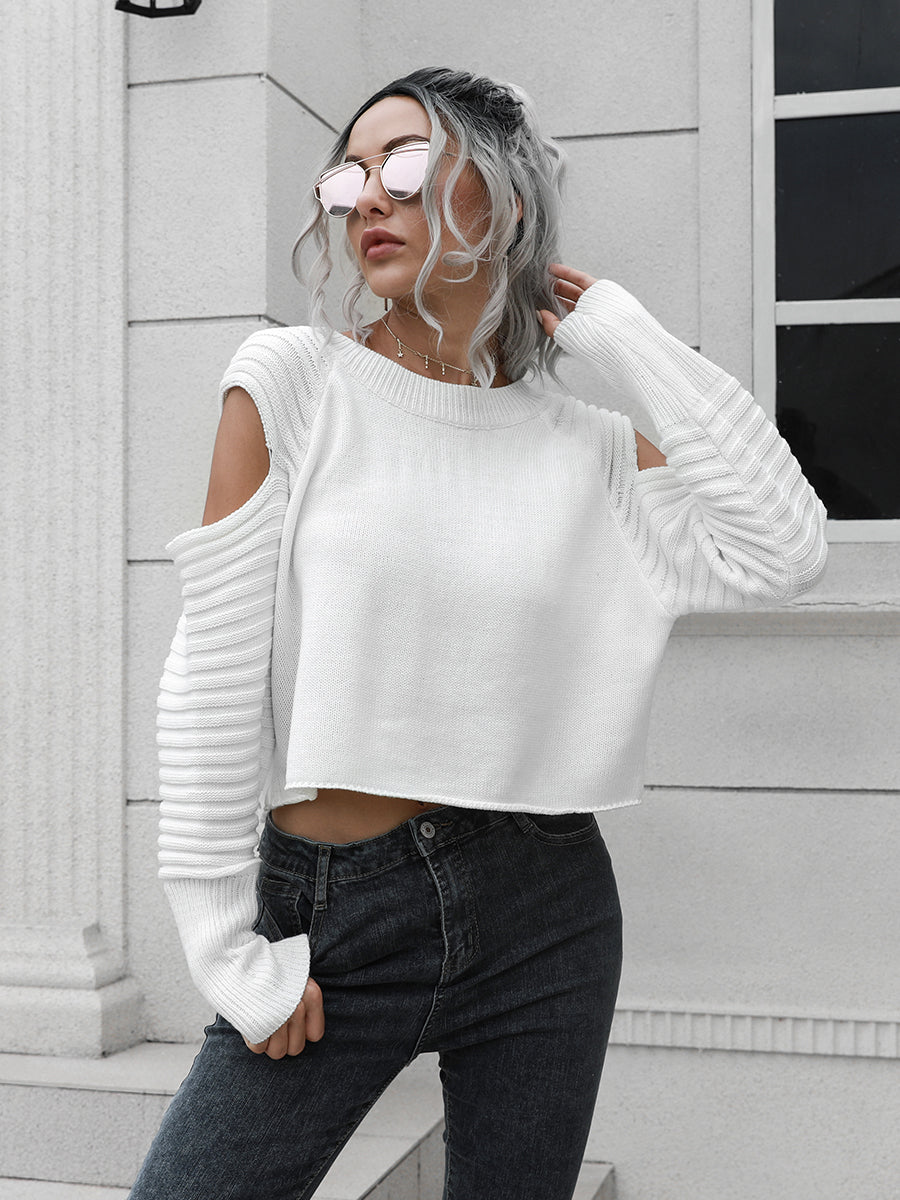 Cold-Shoulder Ribbed Trim Sweater BLUE ZONE PLANET