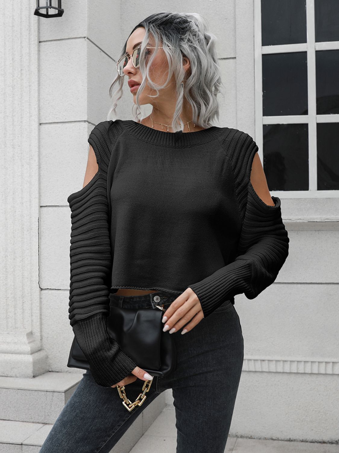 Cold-Shoulder Ribbed Trim Sweater BLUE ZONE PLANET