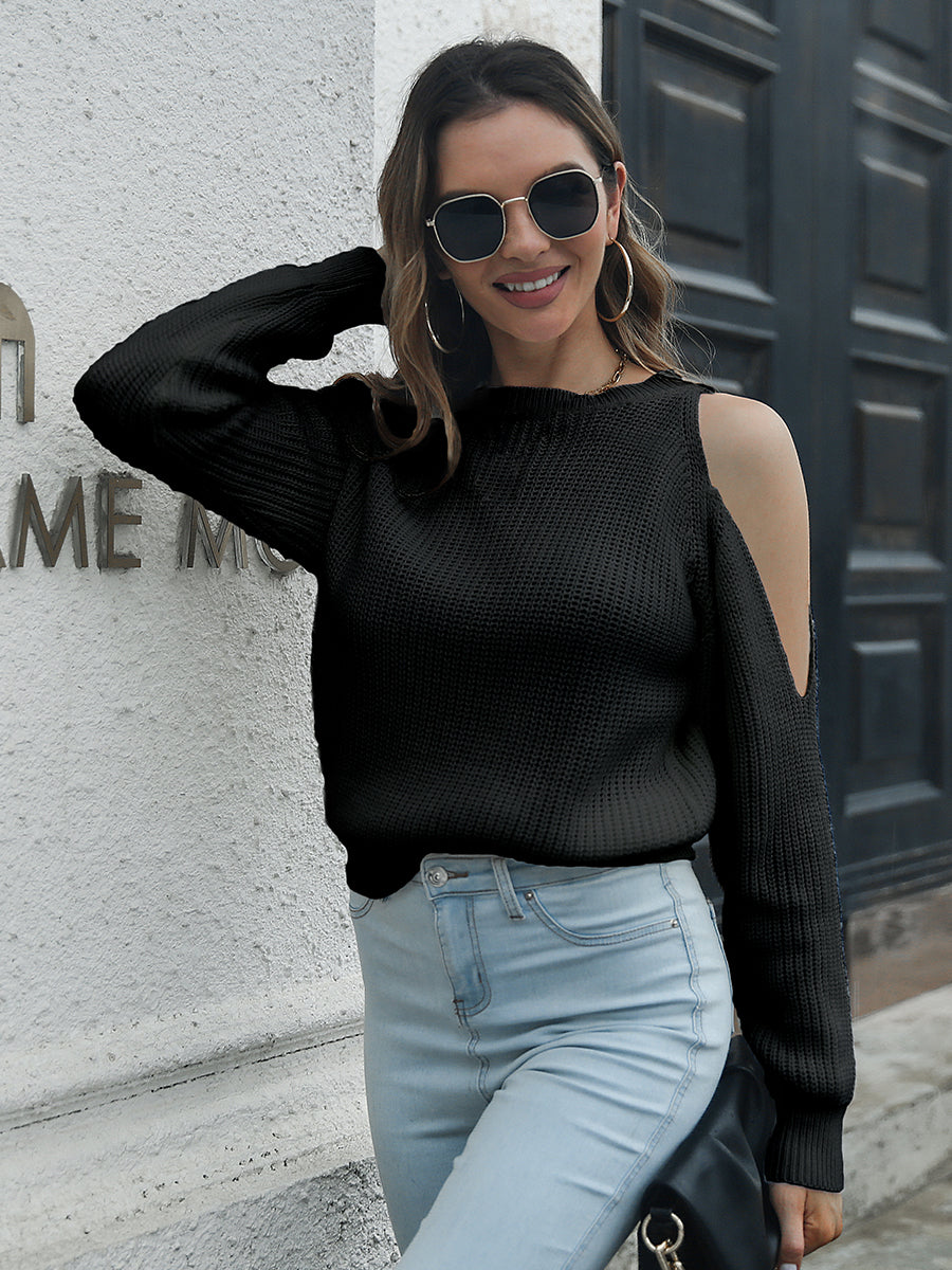 Cold-Shoulder Round Neck Sweater BLUE ZONE PLANET
