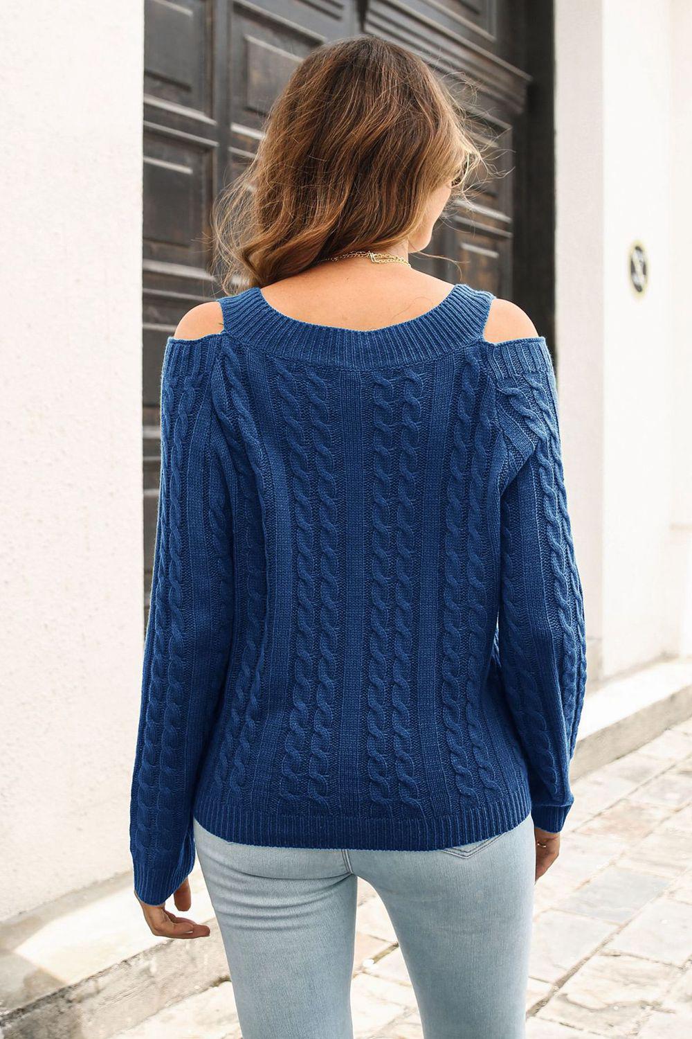Cold Shoulder V-Neck Cable-Knit Pullover Sweater BLUE ZONE PLANET