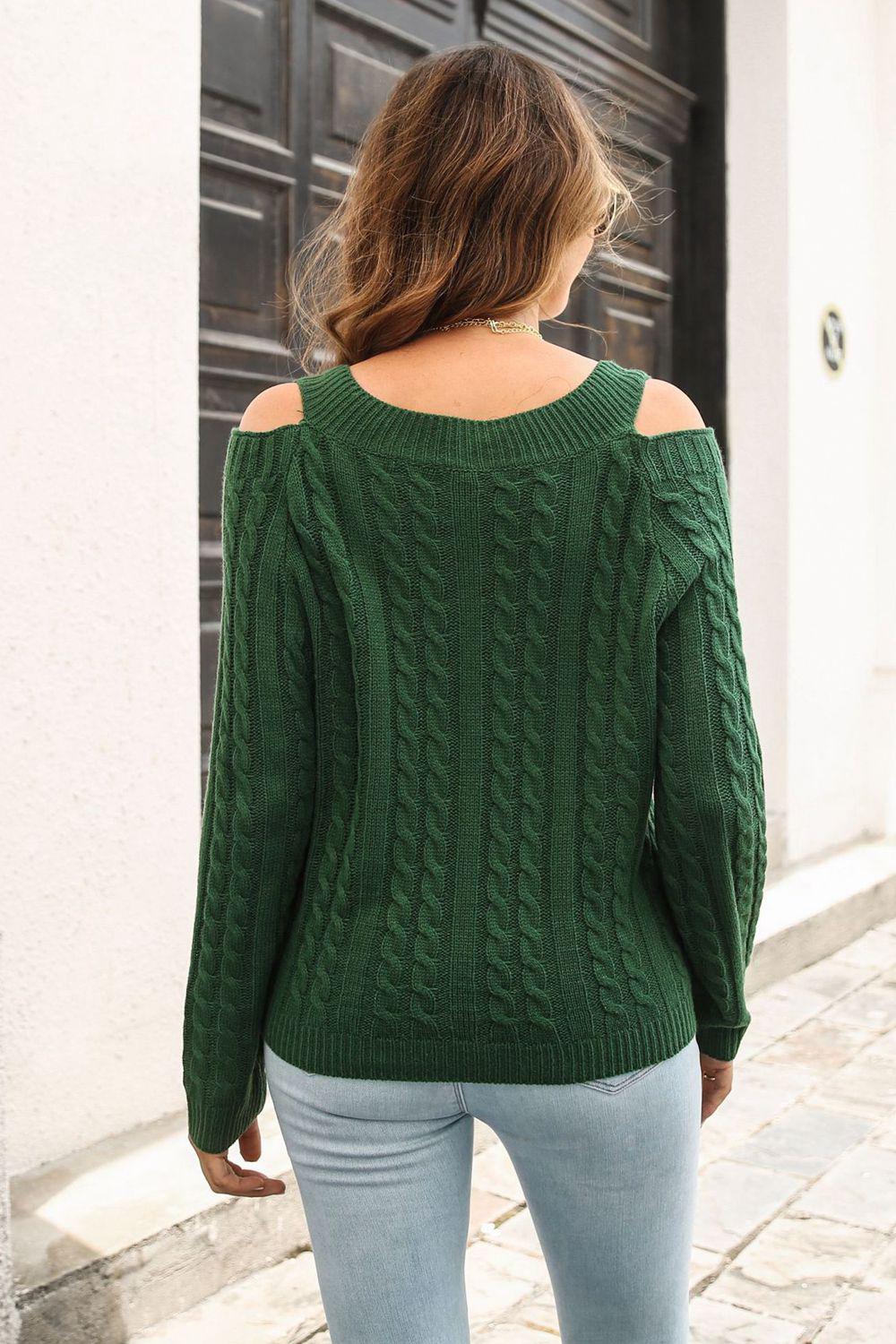 Cold Shoulder V-Neck Cable-Knit Pullover Sweater BLUE ZONE PLANET