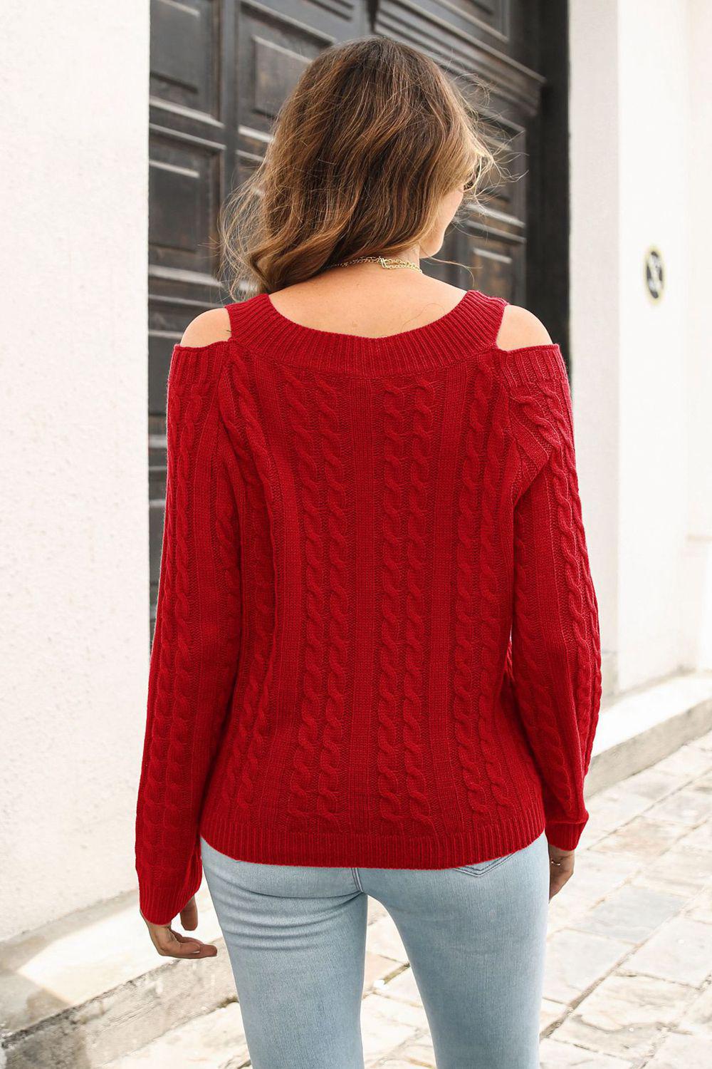 Cold Shoulder V-Neck Cable-Knit Pullover Sweater BLUE ZONE PLANET