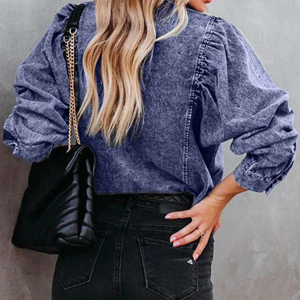 Collared Neck Buttoned Denim Shirt BLUE ZONE PLANET