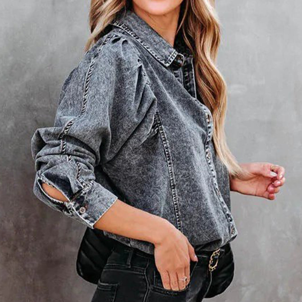 Collared Neck Buttoned Denim Shirt BLUE ZONE PLANET