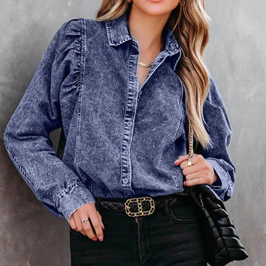 Collared Neck Buttoned Denim Shirt BLUE ZONE PLANET