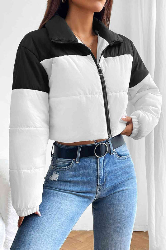 Collared Neck Color Block Puffer Jacket-TOPS / DRESSES-[Adult]-[Female]-White-S-2022 Online Blue Zone Planet