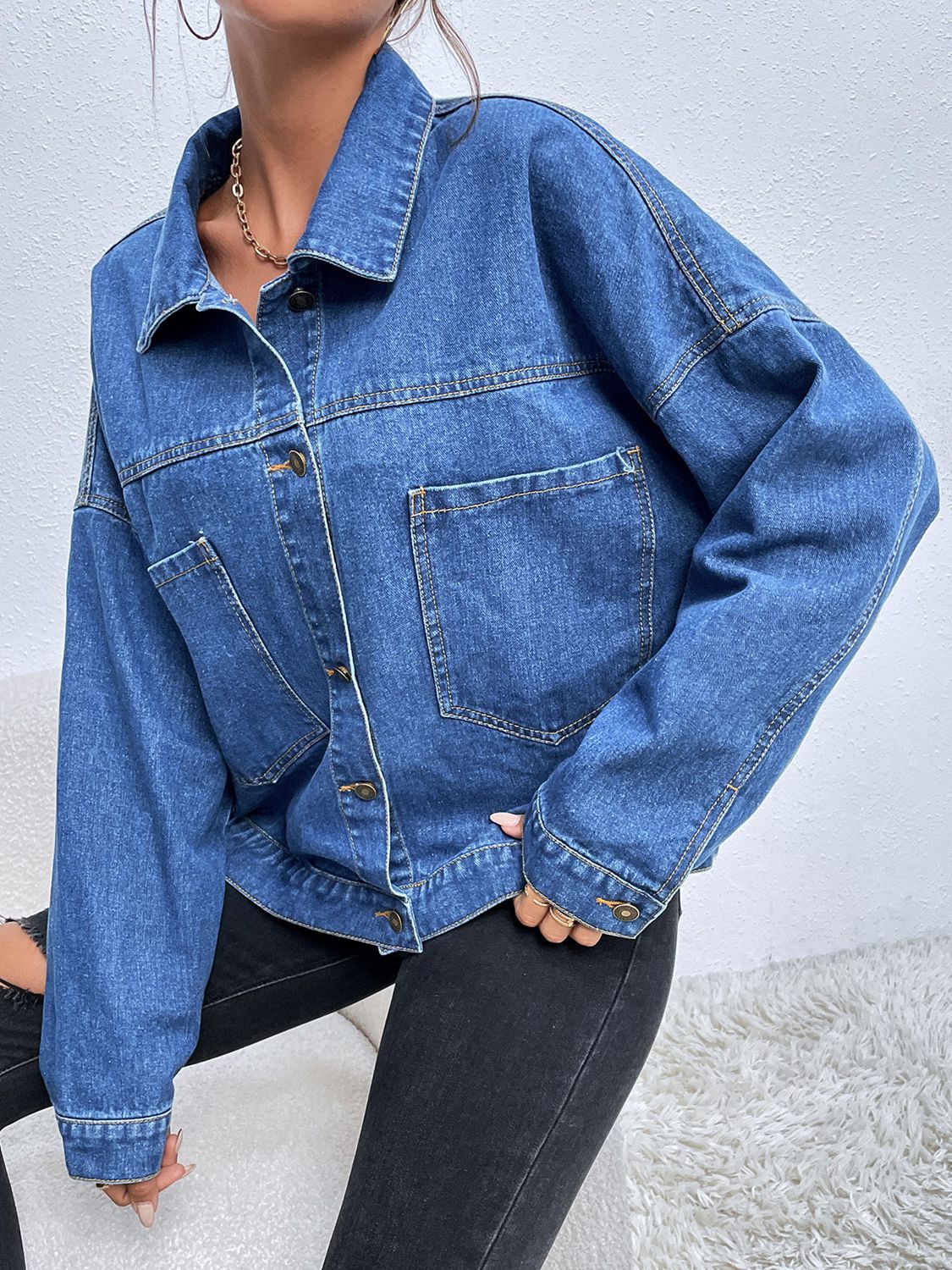 Collared Neck Dropped Shoulder Denim Jacket BLUE ZONE PLANET