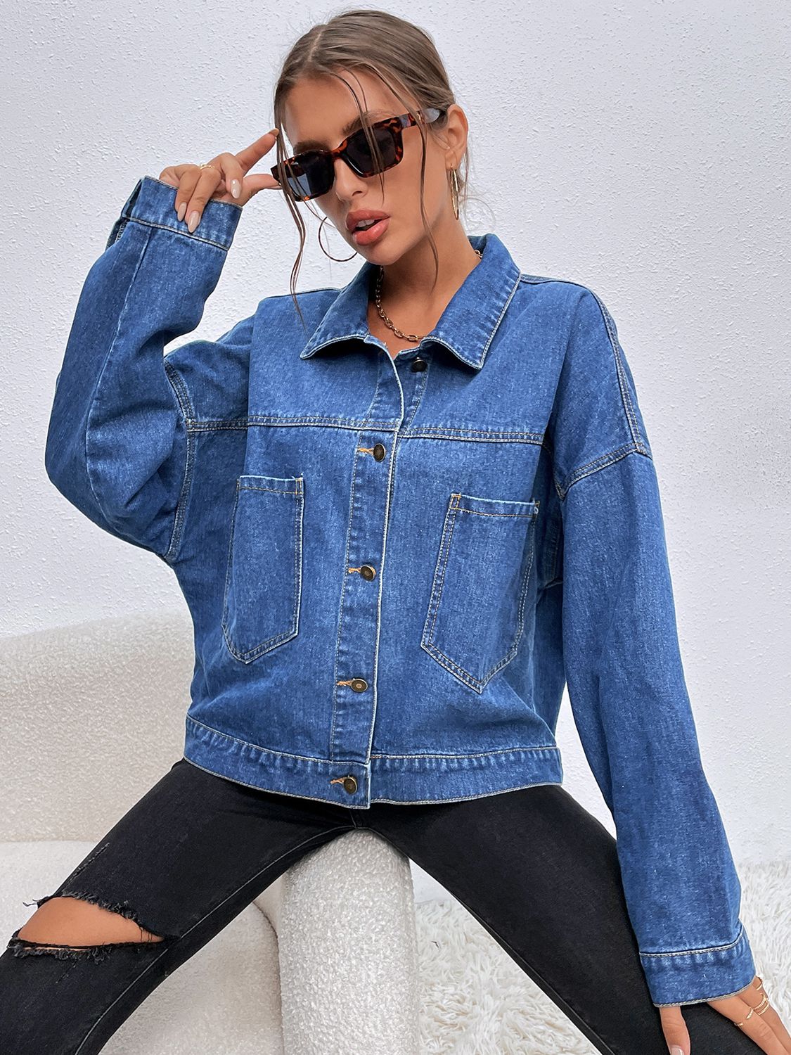 Collared Neck Dropped Shoulder Denim Jacket BLUE ZONE PLANET