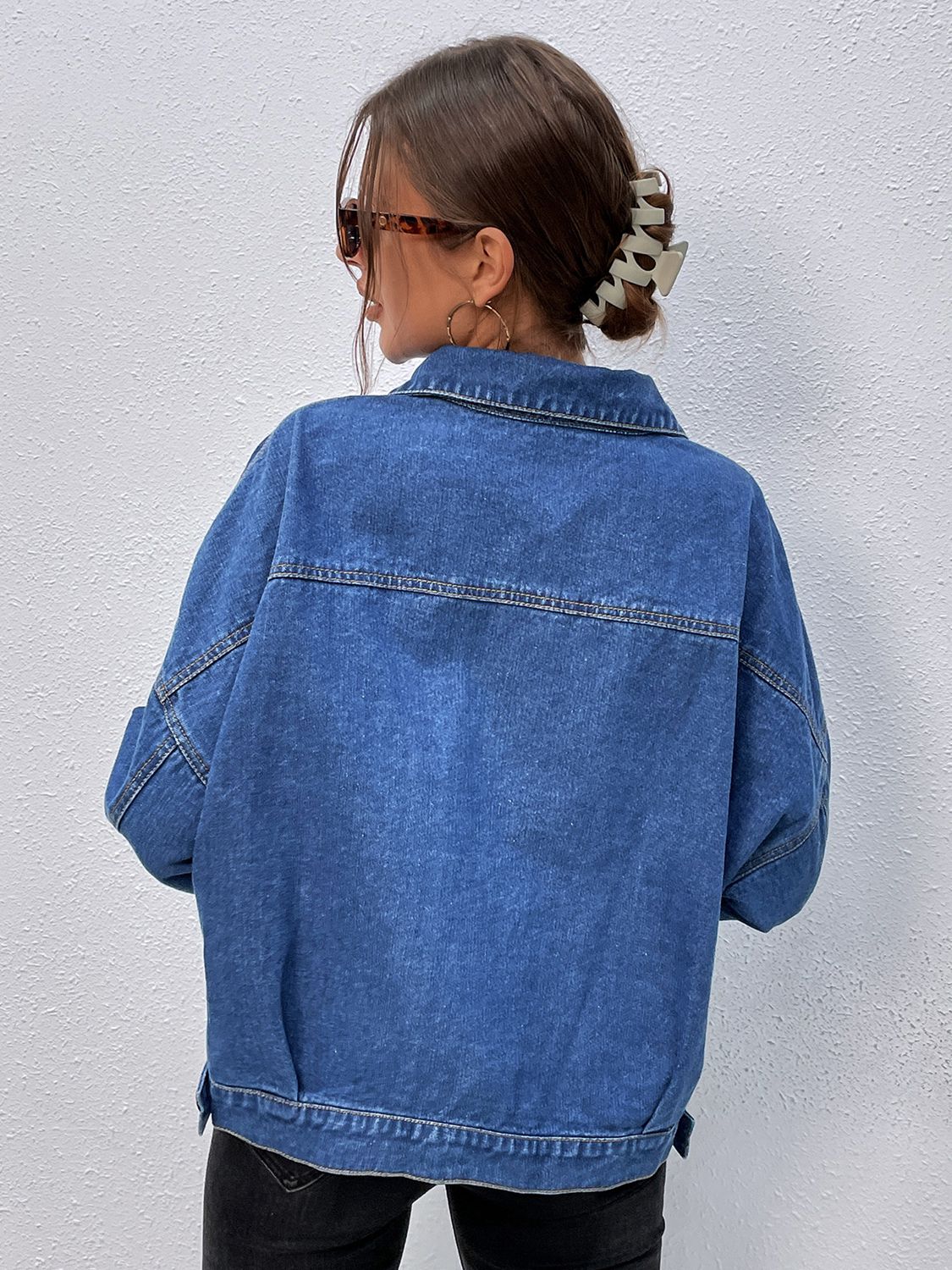 Collared Neck Dropped Shoulder Denim Jacket BLUE ZONE PLANET