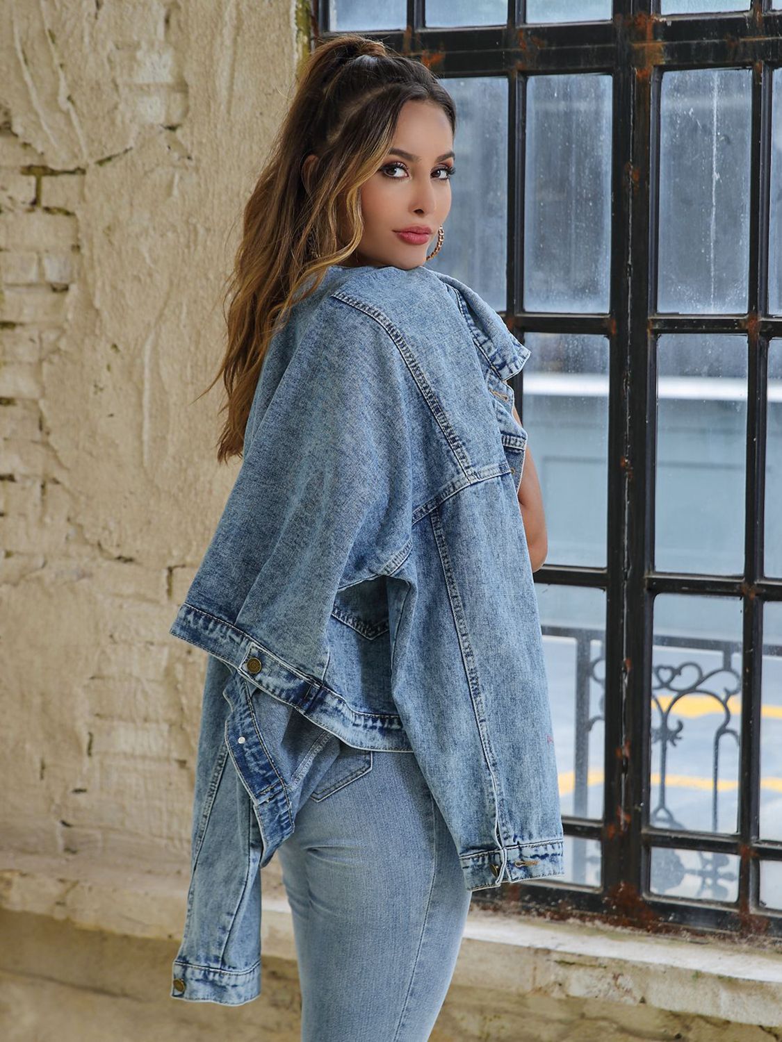 Collared Neck Dropped Shoulder Denim Jacket BLUE ZONE PLANET