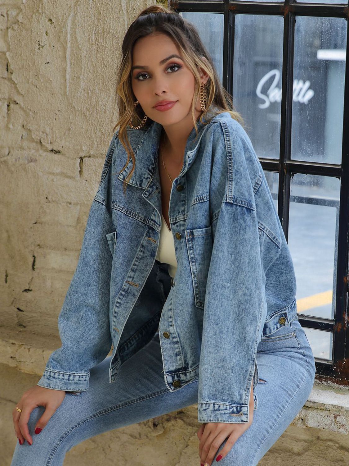 Collared Neck Dropped Shoulder Denim Jacket BLUE ZONE PLANET